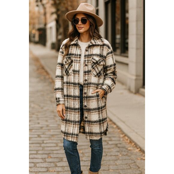 BlankNYC Women’s Plaid Shacket Coat Jacket Small Longline Fuzzy Button Front - Picture 1 of 16